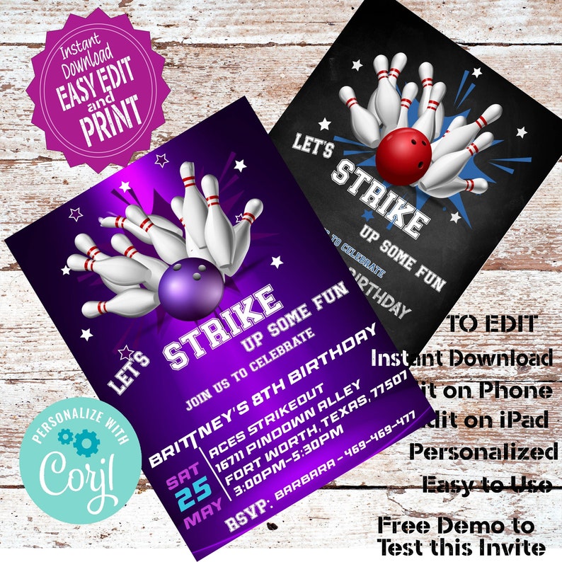 Editable Boys Bowling Birthday Invitation Template Customizable Ten Pin ...