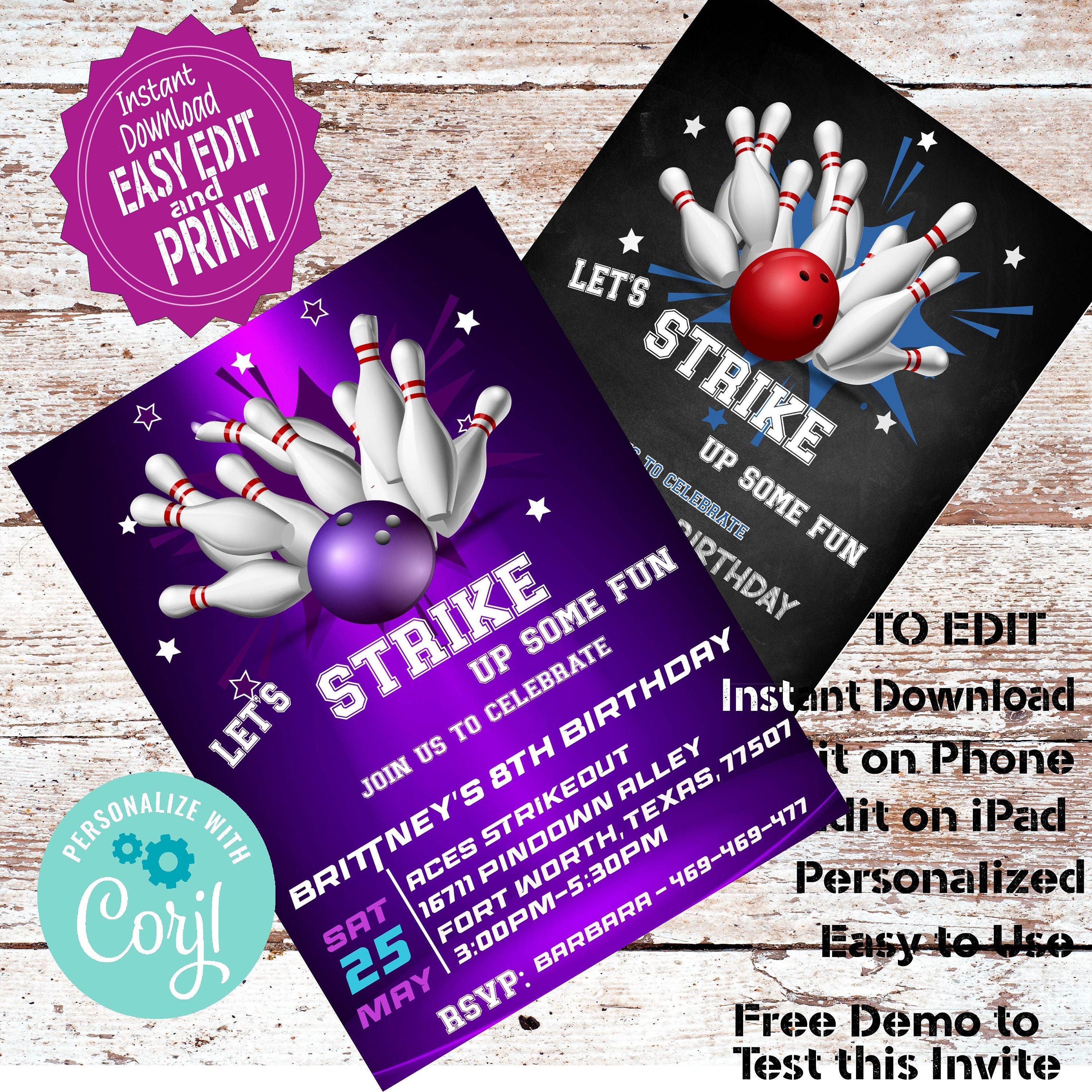 Editable Boys Bowling Birthday Invitation Template Customizable Ten Pin ...