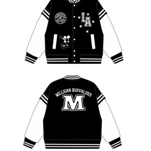 May include: Black and white varsity jacket with white sleeves. The jacket has a Mickey Mouse graphic, "Remington Est. 1816" text, and "LA" with stars on the front. The back of the jacket has "Milligan Buffaloes" and a large "M" in white.
