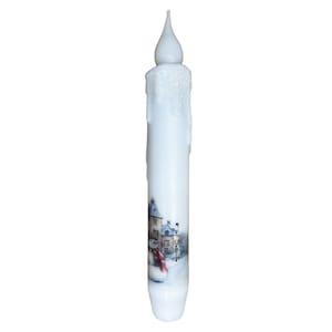 Snowman Village Taper Candle & Taper Holder Set - Primitive 7&quot; Battery Operated LED Flameless Taper Candle with Timer