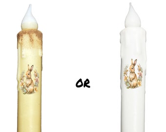 Easter Bunny Floral Candle & Holder Set Primitive 7" Battery Operated LED TIMER Hand Dipped Stencil Flameless Taper Candles