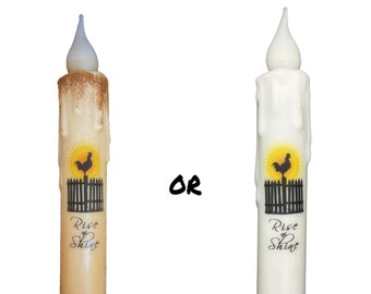 Rise & Shine Candle Set Primitive 7" Battery Operated LED TIMER Hand Dipped Stencil Flameless Taper Candles