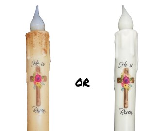 He Is Risen Cross Candle & Holder Set Primitive 7" Battery Operated LED TIMER Hand Dipped Stencil Flameless Taper Candles