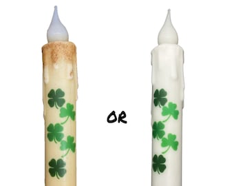 St. Patrick's Day Candle & Holder Set Primitive 7" Battery Operated LED TIMER Hand Dipped Stencil Flameless Taper Candles