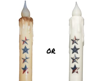 Patriotic Stars Candle & Holder Set Primitive 7" Battery Operated LED TIMER Hand Dipped Stencil Flameless Taper Candles