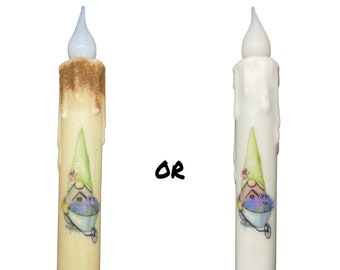 Gardening Gnome Candle & Holder Set Primitive 7" Battery Operated LED TIMER Hand Dipped Stencil Flameless Taper Candles