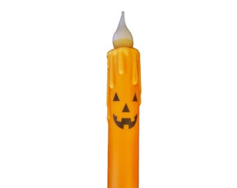 Jack-O-Lantern Candle & Holder Set Primitive 7" Battery Operated LED TIMER Hand Dipped Stencil Flameless Taper Spooky Candles