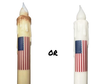 USA Flag Candle & Holder Set Primitive 7" Battery Operated LED TIMER Hand Dipped Stencil Flameless Taper Candles