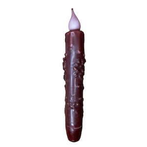 Grubby Burgundy Halloween Primitive Taper Candle & Taper Holder Set - 7&quot; Battery Operated LED Flameless Taper Candle with Timer