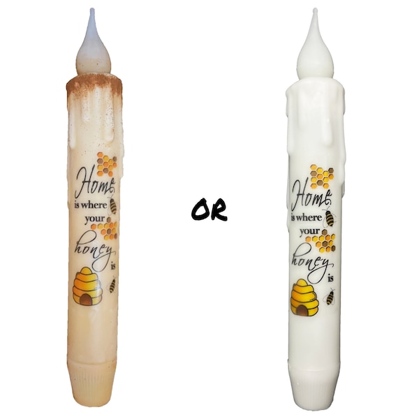 Home Honey Candle & Holder Set Primitive 7" Battery Operated LED TIMER Hand Dipped Stencil Flameless Taper Candles