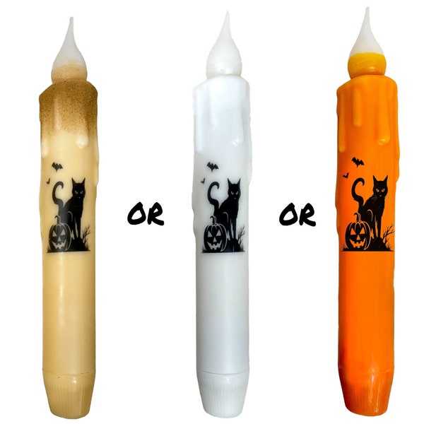Halloween Cat Candle & Holder Set Primitive 7" Battery Operated LED TIMER Hand Dipped Stencil Flameless Taper Spooky Candles