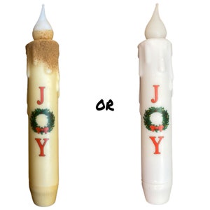 Joy Wreath Candle & Holder Set Primitive 7 Battery Operated LED TIMER Hand Dipped Stencil Flameless Taper Candles image 1