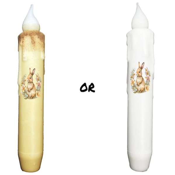 Easter Bunny Floral Candle & Holder Set Primitive 7" Battery Operated LED TIMER Hand Dipped Stencil Flameless Taper Candles