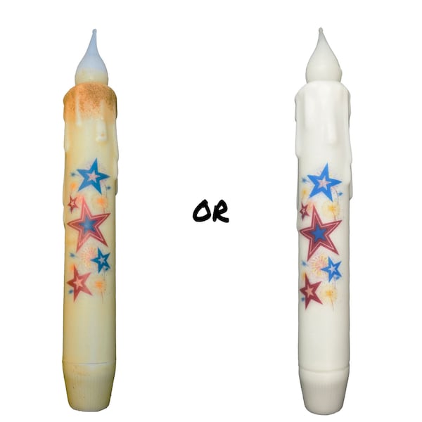 Red White Blue Stars Candle & Holder Set Primitive 7" Battery Operated LED TIMER Hand Dipped Stencil Flameless Taper Candles