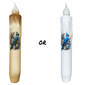 May include: Two LED flameless candles with a bluebird and floral design. The candle on the left is a cream color with a brown drip effect. The candle on the right is white with a white drip effect.  The candles are approximately 7 inches tall.