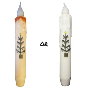 Simple Christmas Tree Taper Candle & Taper Holder Set - Primitive 7&quot; Battery Operated LED Flameless Taper Candle with Timer