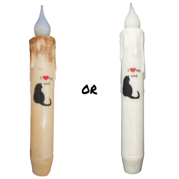 I Love My Cat Candle & Holder Set Primitive 7" Battery Operated LED TIMER Hand Dipped Stencil Flameless Taper Candles