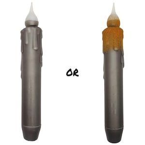 May include: Two battery-operated LED taper candles. One is a solid gray color, and the other has a textured, orange-brown wax effect. The candles have a realistic flame-shaped tip and a melted wax design.