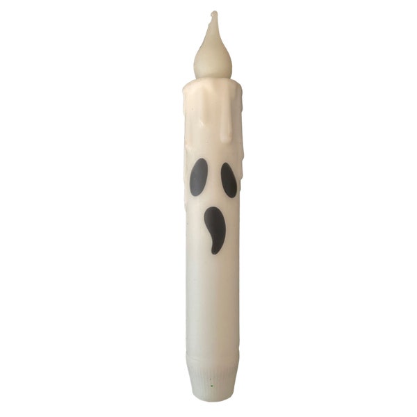 White Ghost Candle & Holder Set Primitive 7" Battery Operated LED TIMER Hand Dipped Stencil Flameless Taper Candles