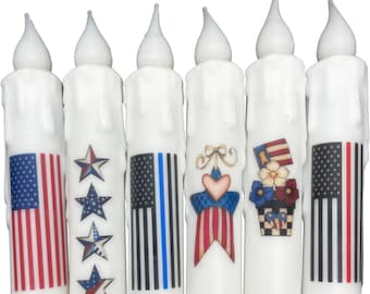 Patriotic Candle & Holder Set White 7" Battery Operated LED TIMER Hand Dipped Stencil Flameless Taper Candles