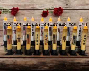 Patriotic Taper Candle, 4th of July Decor, USA 250 Anniversary, Red White Blue Americana, Flameless LED Candles with Timer, Primitive Decor