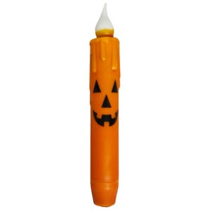 Jack-O-Lantern Taper Candle & Taper Holder Set - Primitive Spooky 7" Battery Operated LED Flameless Taper Candle with Timer