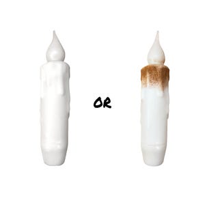May include: Two white LED taper candles with a dripping wax design. One candle is clean, and the other has a brown, aged appearance. The word "OR" is written in black between the candles.
