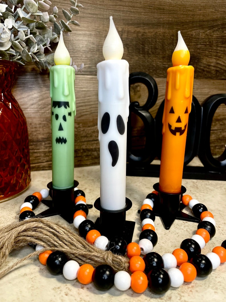 Jack-O-Lantern Candle & Holder Set Primitive 7 Battery Operated LED TIMER Hand Dipped Stencil Flameless Taper Spooky Candles image 2