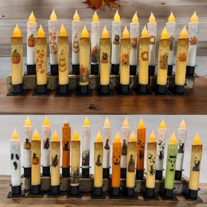 Fall Primitive 7&quot; Battery Operated LED TIMER Hand Dipped Stencil Pumpkin Witch Thanksgiving Crow Ghost Jack-O-Lantern Spooky Candles
