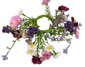 Pink Purple Spring Blooms 1.5” Candle Ring | Primitive Farmhouse Mini Wreath for Candles & Decor