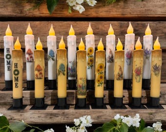 Conjunto de velas florais e suporte primitivo de 7&quot; operado por bateria LED TIMER estêncil mergulhado à mão velas cônicas sem chama