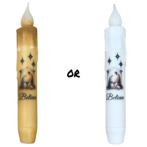 Nativity Taper Candle & Taper Holder Set - Primitive 7&quot; Battery Operated LED Flameless Taper Candle with Timer