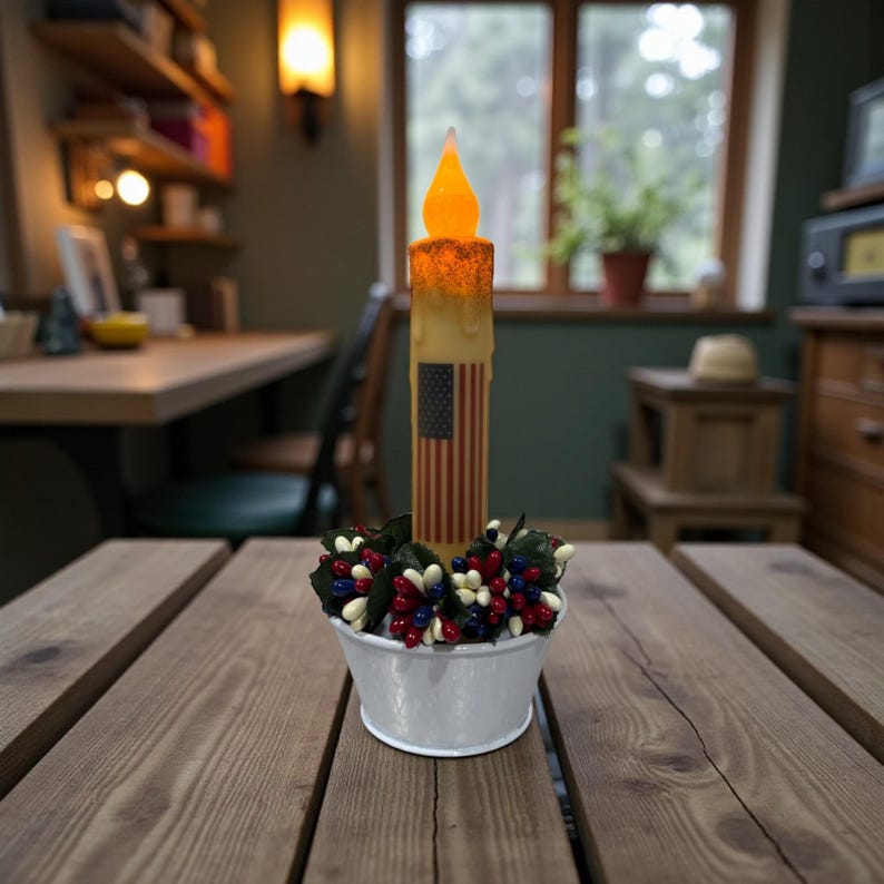 Op de afbeelding: Een decoratieve kaars met het ontwerp van de Amerikaanse vlag. De kaars heeft een flikkerende LED-vlam en is versierd met een witte metalen emmer gevuld met rode, witte en blauwe bessen en groene bladeren. Hij staat op een houten tafel.