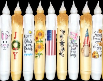 100+ Designs Primitive 7" Battery Operated LED TIMER Hand Dipped Stencil Star Beach Sayings Patriotic Flameless Taper Candles