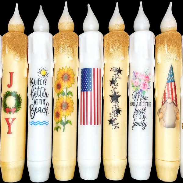 100+ Designs Primitive 7" Battery Operated LED TIMER Hand Dipped Stencil Star Beach Sayings Patriotic Flameless Taper Candles