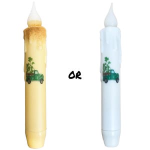 St. Patrick&#39;s Day Truck Candle & Taper Holder Set - Primitive 7&quot; Battery Operated LED Flameless Taper Candle with Timer