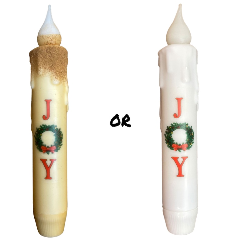 Joy Wreath Candle & Holder Set Primitive 7 Battery Operated LED TIMER Hand Dipped Stencil Flameless Taper Candles image 1