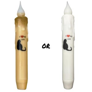 I Love My Cat Candle & Holder Set Primitive 7" Battery Operated LED TIMER Hand Dipped Stencil Flameless Taper Candles