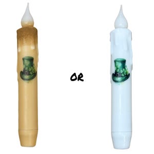 St. Patrick&#39;s Day Hat Taper Candle & Taper Holder Set - Primitive 7&quot; Battery Operated LED Flameless Taper Candle with Timer