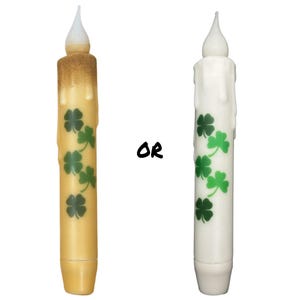 St. Patrick&#39;s Day Taper Candle & Taper Holder Set - Primitive 7&quot; Battery Operated LED Flameless Taper Candle with Timer