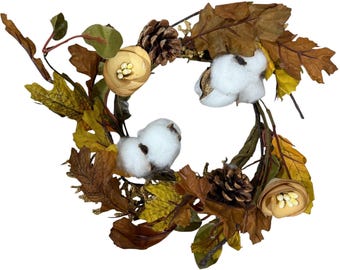 Fall Cotton & Fall Leaves 5" Candle Ring | Primitive Farmhouse Candle Ring Mini Wreath