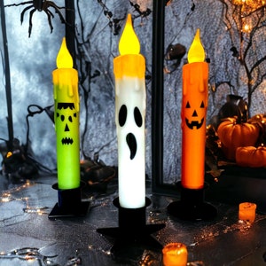 3 Taper Candles and Taper Holders Halloween Set Primitive 7&quot; Battery Operated LED Flameless Taper Candle with Timer