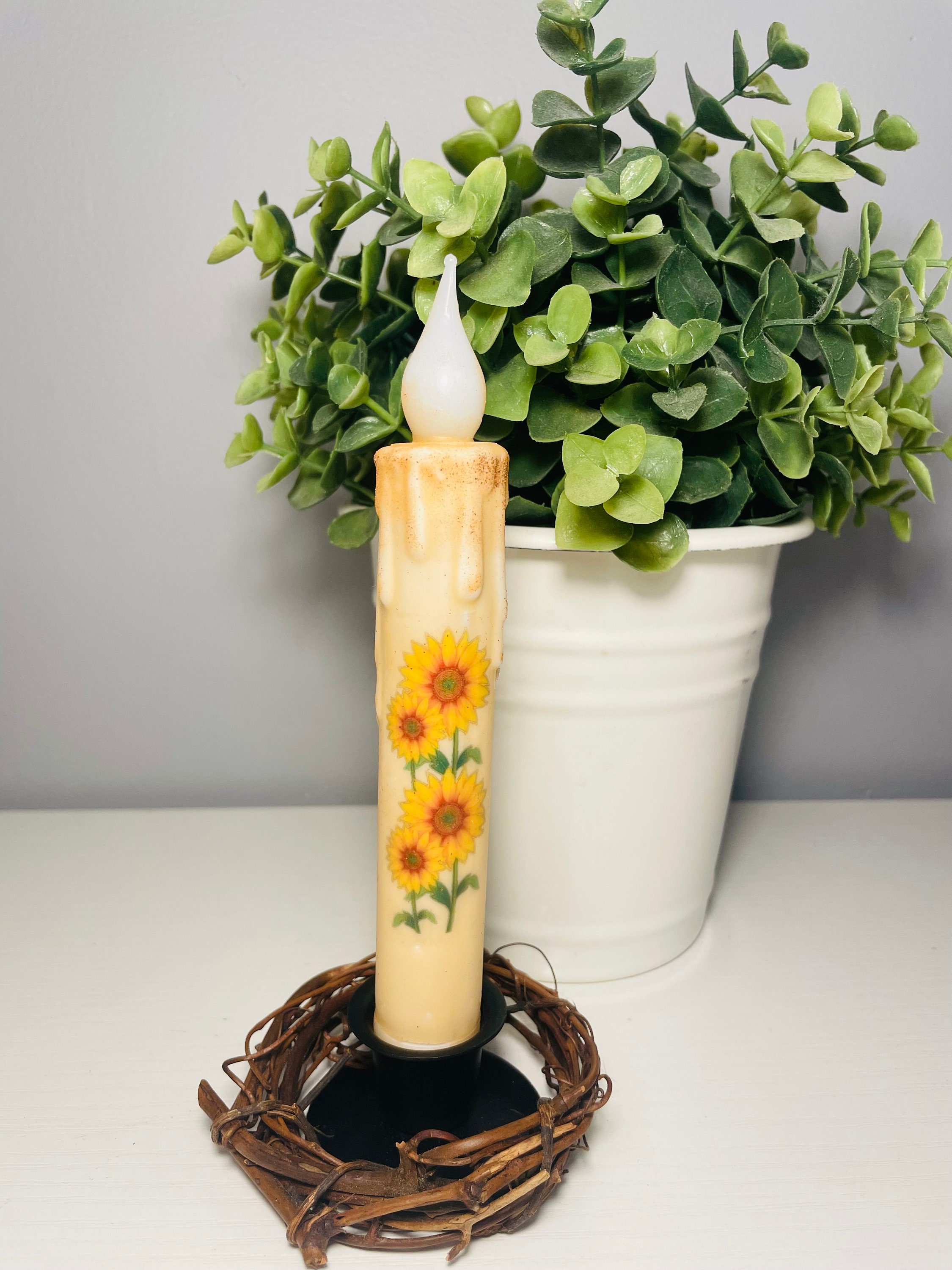 Sunflower Candle & Holder Set Primitive 7 Battery Etsy