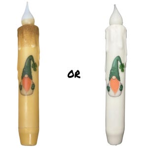 St. Patrick&#39;s Day Clover Gnome Candle & Taper Holder Set - Primitive 7&quot; Battery Operated LED Flameless Taper Candle with Timer