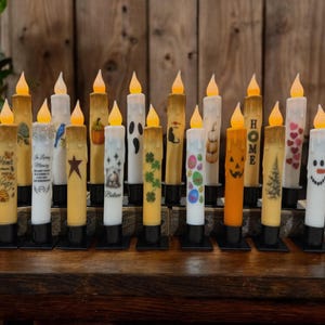 100+ Designs Primitive 7" Battery Operated LED TIMER Hand Dipped Seasonal Floral Holiday Halloween Fall Flameless Taper Candles