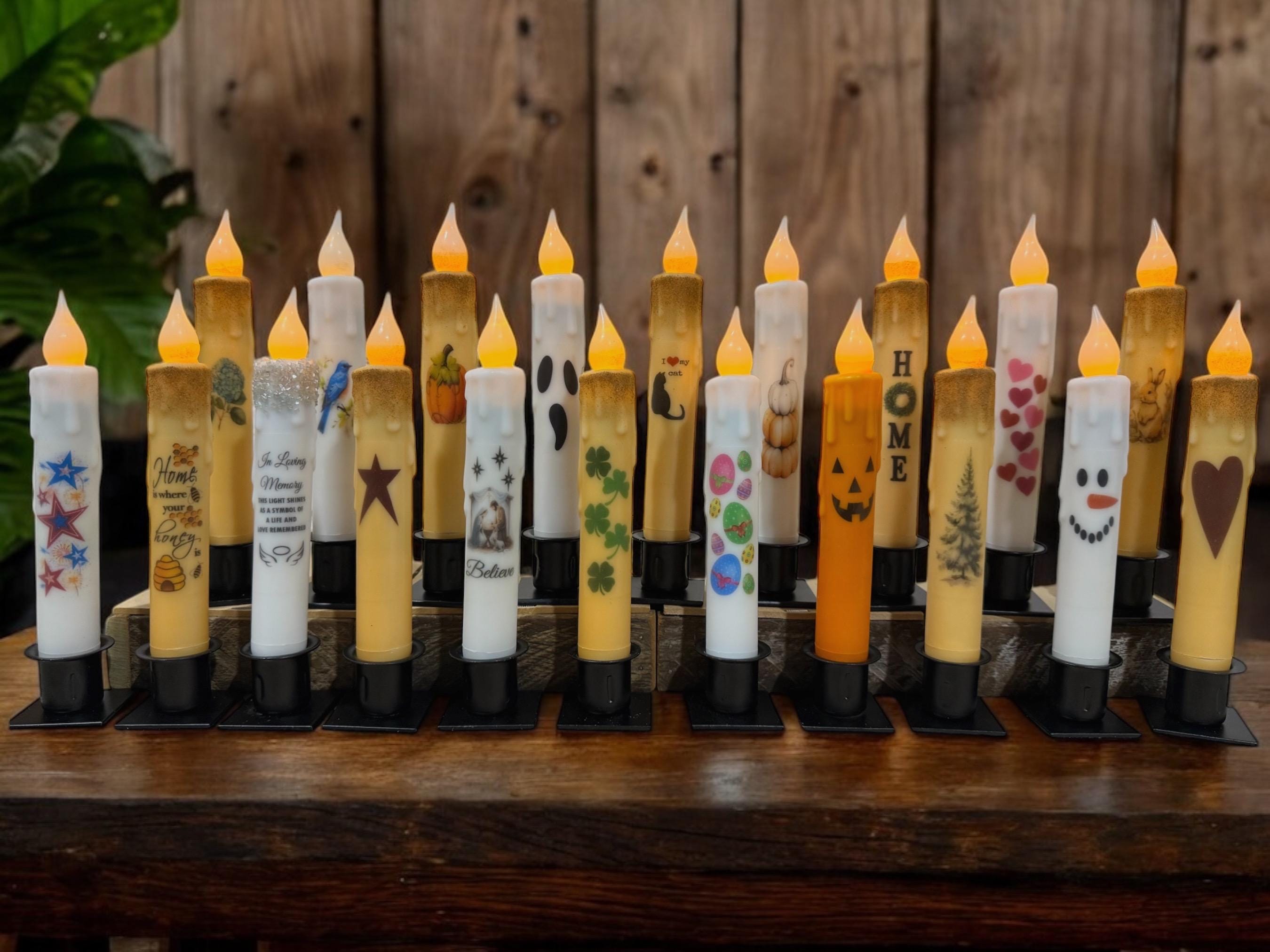 Mais de 100 designs primitivos de 7" operados por bateria LED TIMER mergulhados à mão sazonal floral feriado Halloween outono velas cônicas sem chama