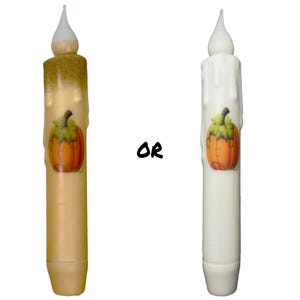 Single Pumpkin Taper Candle & Taper Holder Set - Primitive 7" Battery Operated LED Flameless Taper Candle with Timer