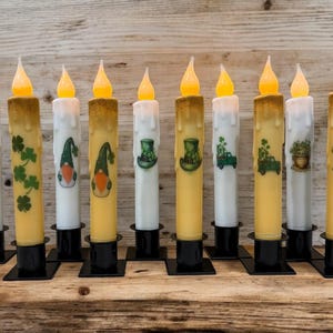 St. Patrick&#39;s Day Taper Candle & Taper Holder Set - Primitive 7&quot; Battery Operated LED Flameless Taper Candle with Timer