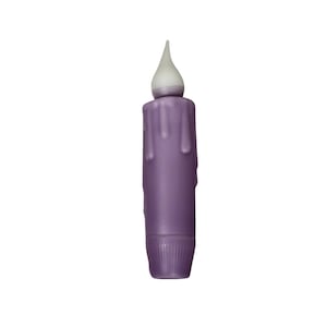 May include: A purple LED candle with a white flame tip. The candle has a dripped wax design and a ribbed base. The candle is designed to look like a traditional candle.