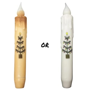 Simple Christmas Tree Taper Candle & Taper Holder Set - Primitive 7" Battery Operated LED Flameless Taper Candle with Timer